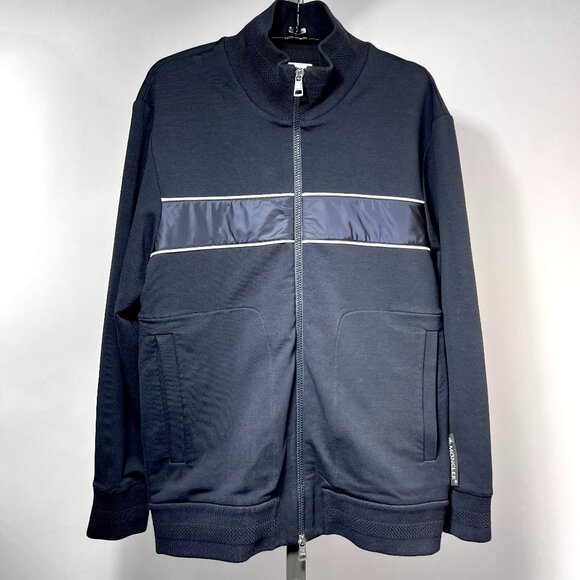 MONCLER Knit Full Zip Up Jacket Navy Blue with White Stripes, Men's Small - Picture 1 of 5